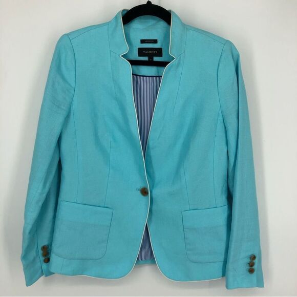 Talbots Aberdeen Blazer Womens 4 100% Linen Turquoise Light Blue Single Button - Picture 1 of 15